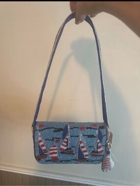 Beaded Sailboat Shoulder Bag in Blue